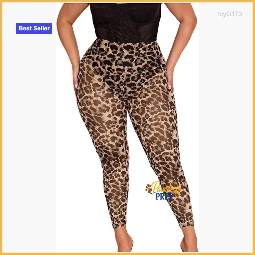 Plus Size Mesh See-Through High Waist Leggings Animal Print Yoga Pants